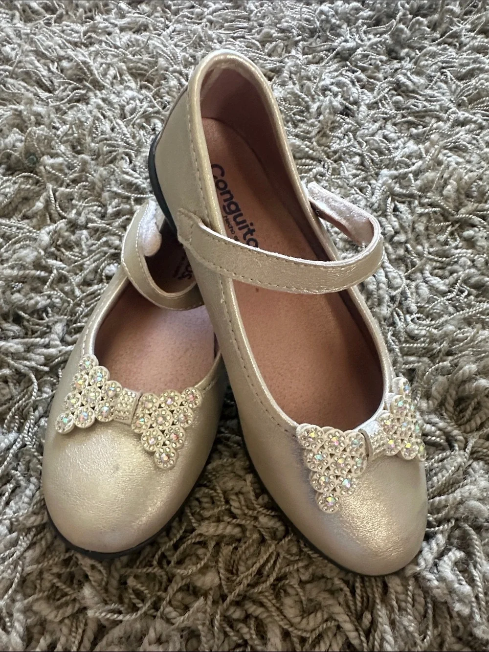 Girls' Gold Mary Janes with Rhinestone Bow